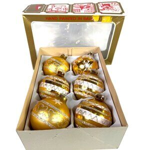 6 VTG Glass Christmas Ornament Gold stencil Mica Made W Germany Hand-Painted Box